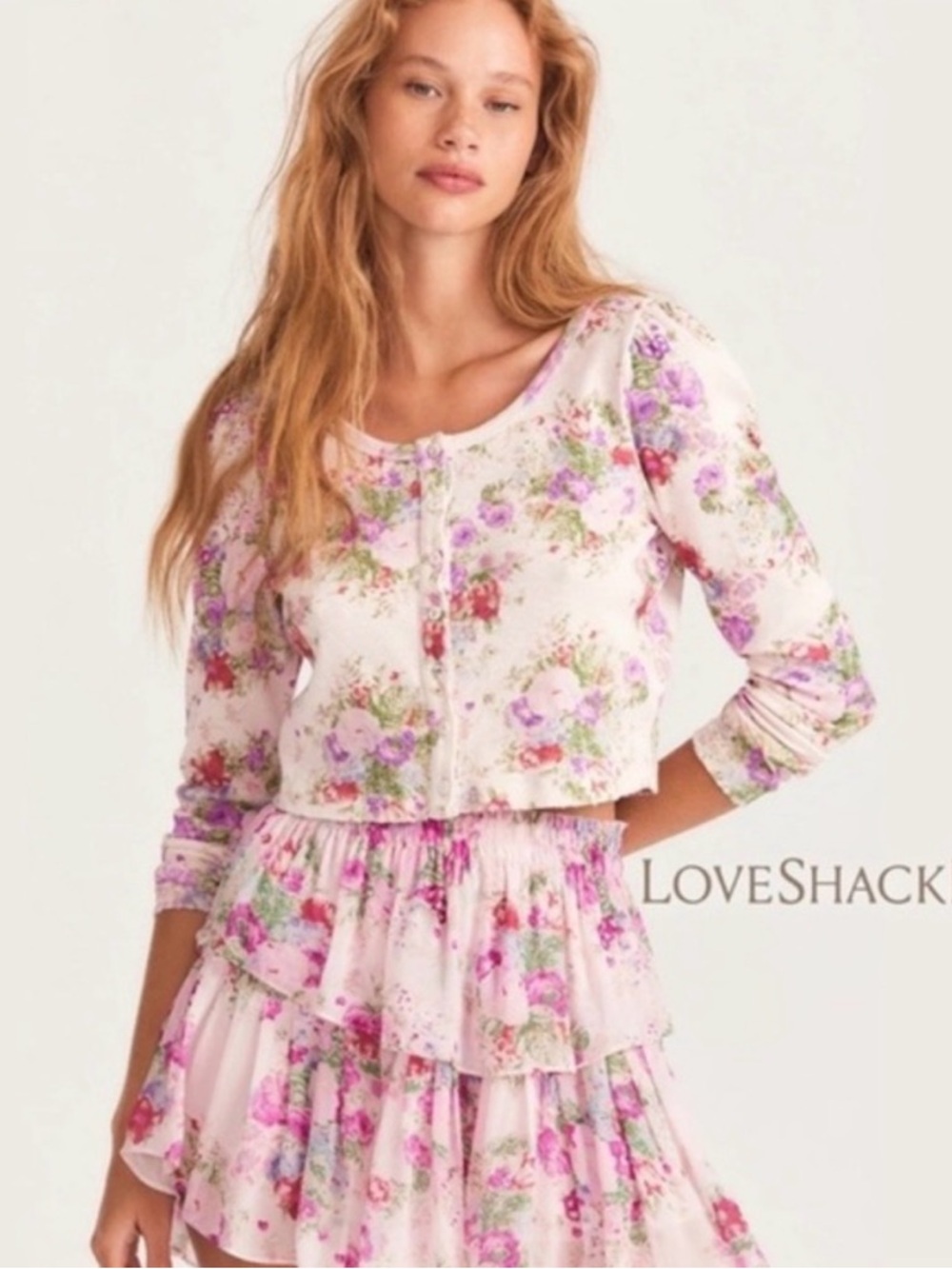 LoveShackFancy Floral Cropped Button-Front Long Sleeve Top - Pink size small